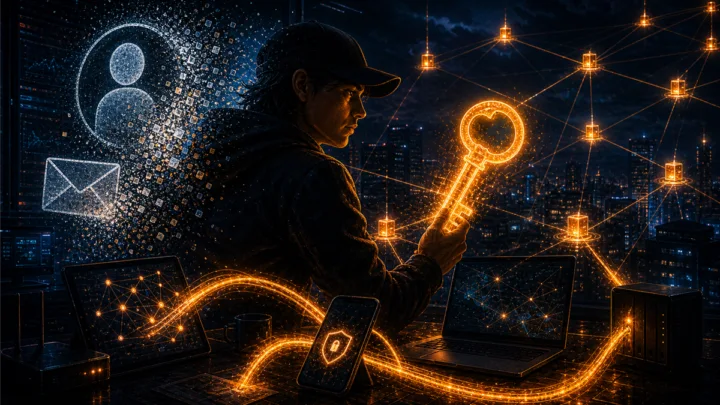 Illustration dramatique de Nostr VPN avec une clé publique lumineuse et un réseau mesh privé