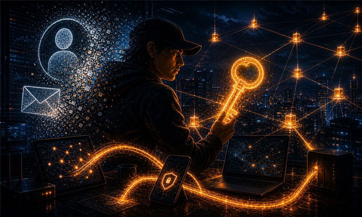 Illustration dramatique de Nostr VPN avec une clé publique lumineuse et un réseau mesh privé