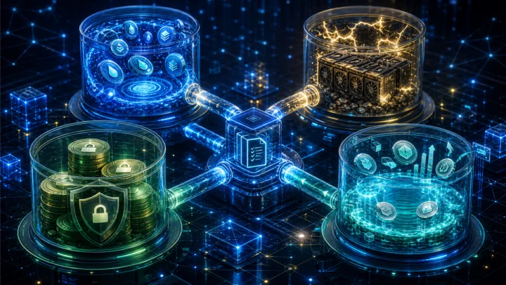 Réservoirs numériques représentant les pools crypto de liquidité, staking, minage et récompenses DeFi