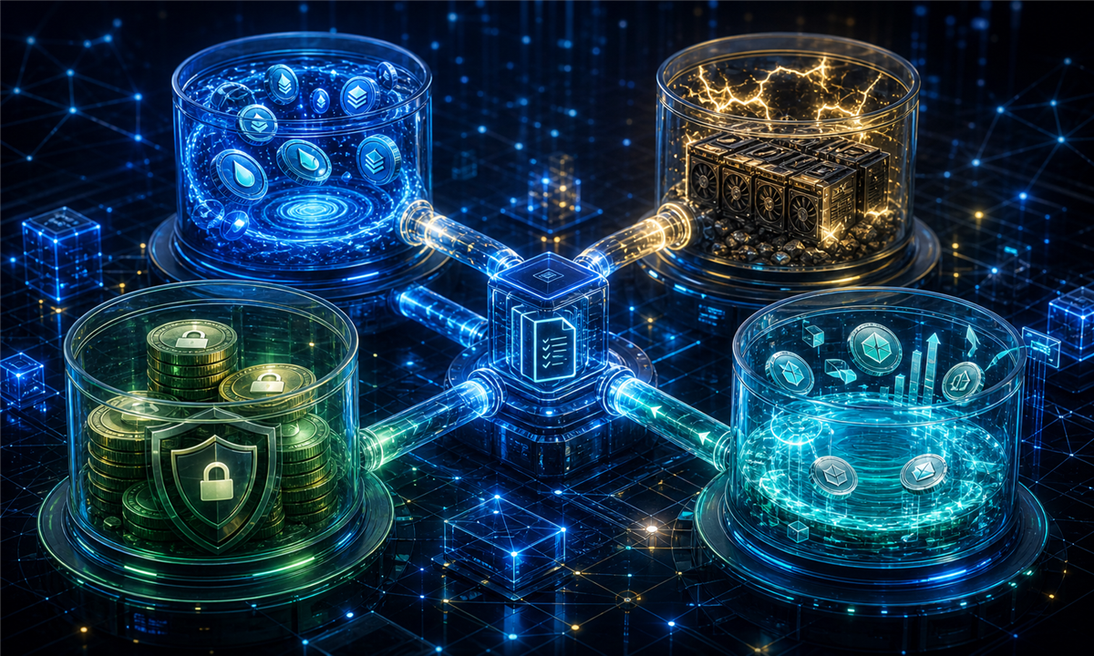 Réservoirs numériques représentant les pools crypto de liquidité, staking, minage et récompenses DeFi
