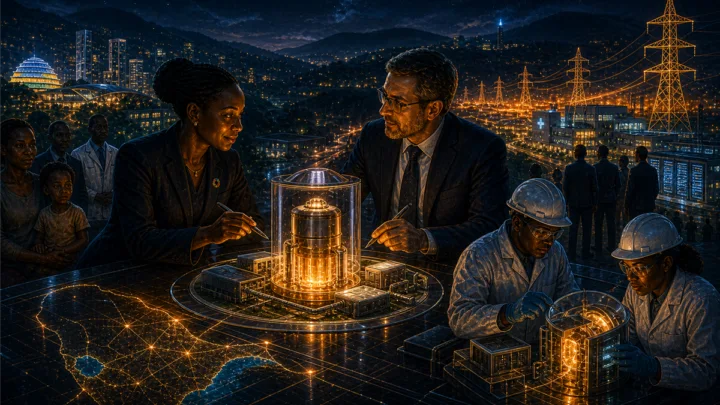 Responsables et ingénieurs autour d’une maquette de petit réacteur modulaire au Rwanda