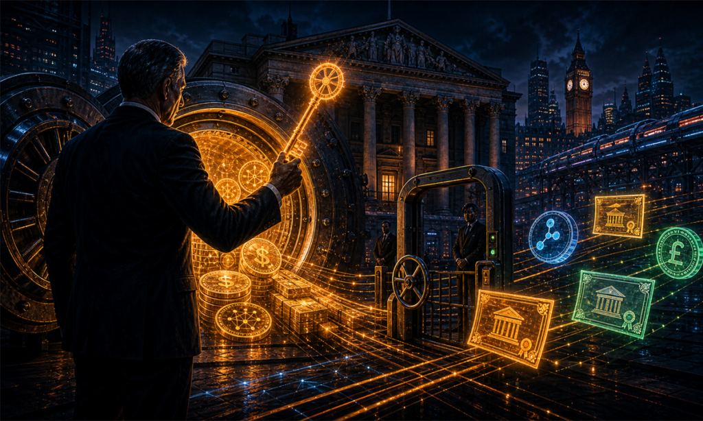 Banquier central contrôlant des stablecoins et des actifs tokenisés devant un coffre à Londres