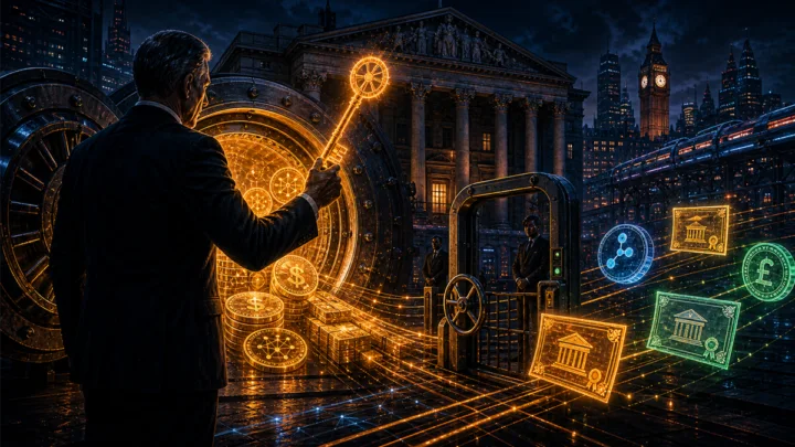 Banquier central contrôlant des stablecoins et des actifs tokenisés devant un coffre à Londres