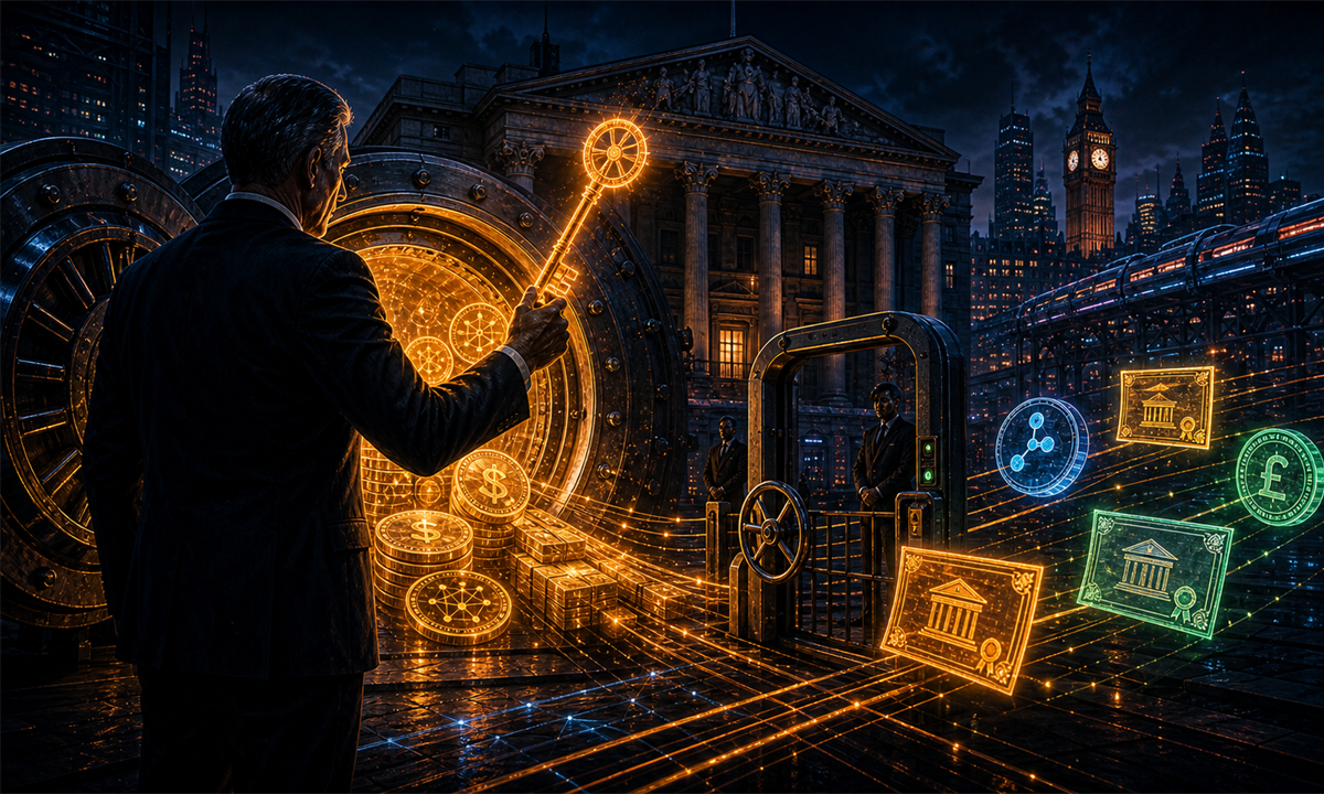Banquier central contrôlant des stablecoins et des actifs tokenisés devant un coffre à Londres