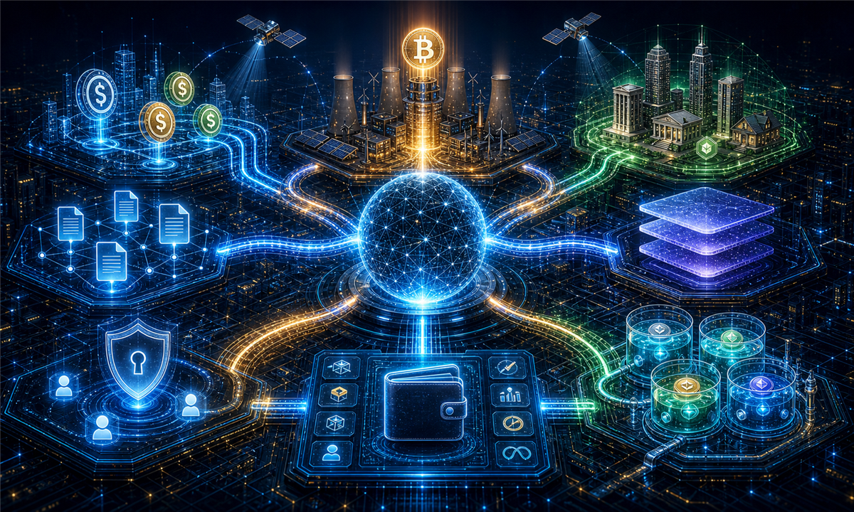 Carte futuriste des technologies blockchain qui pourraient survivre jusqu’en 2030, avec Bitcoin, stablecoins, rollups, ZK, RWA et DeFi