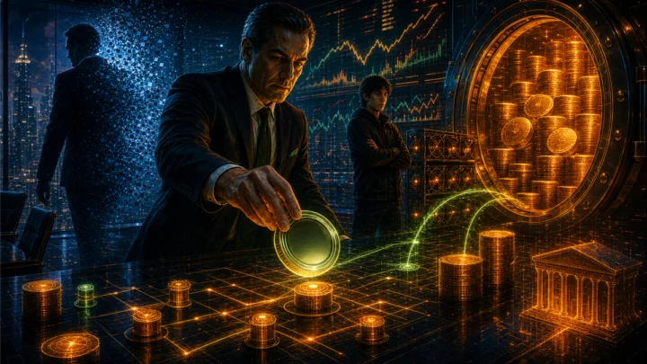 Illustration dramatique d’un groupe stablecoin prenant le contrôle d’un coffre Bitcoin coté