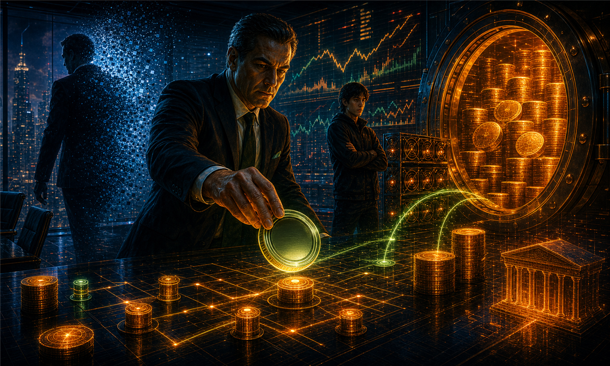 Illustration dramatique d’un groupe stablecoin prenant le contrôle d’un coffre Bitcoin coté