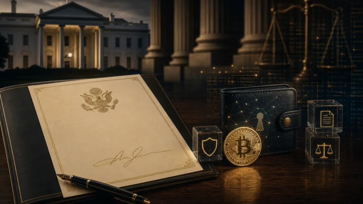 Document de grâce présidentielle symbolique entouré d’icônes crypto et de colonnes judiciaires