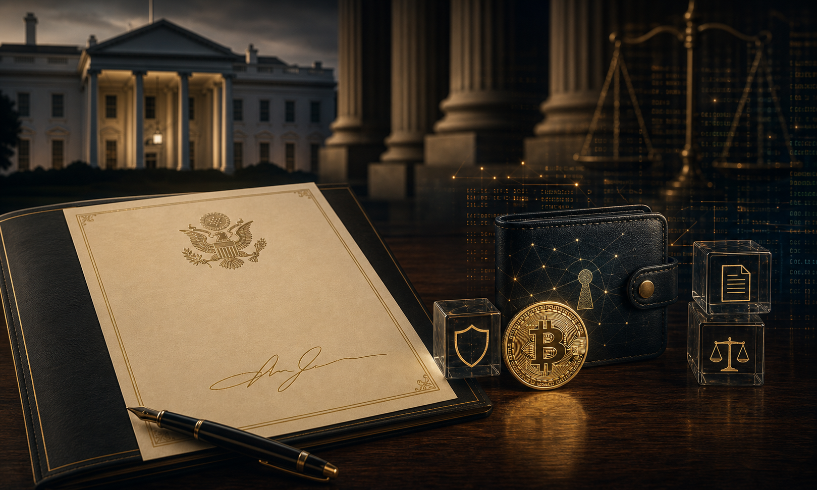 Document de grâce présidentielle symbolique entouré d’icônes crypto et de colonnes judiciaires