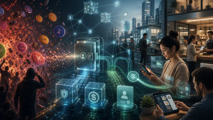 Illustration du Web3 sans token avec wallets intelligents, stablecoins et applications blockchain invisibles