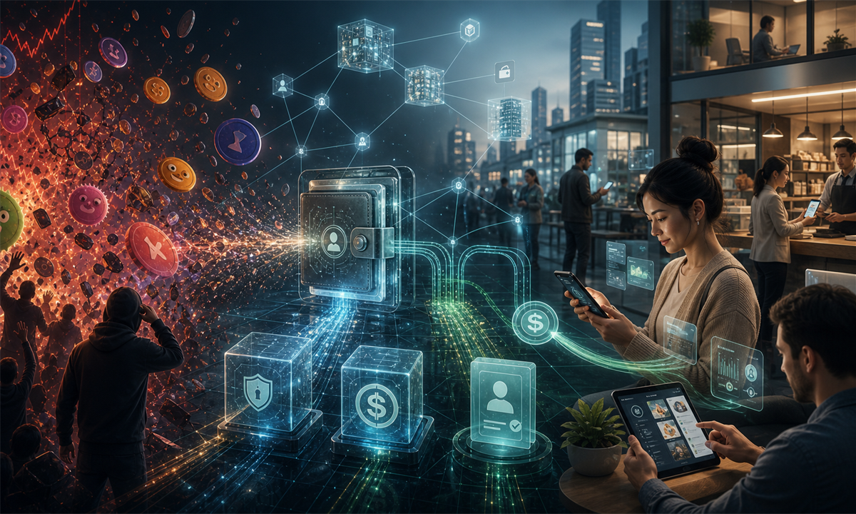 Illustration du Web3 sans token avec wallets intelligents, stablecoins et applications blockchain invisibles