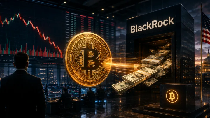 Illustration représentant une importante transaction institutionnelle liée au Bitcoin et à l'ETF IBIT de BlackRock dans un contexte de volatilité des marchés