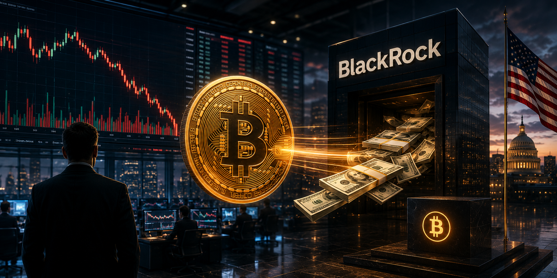 Illustration représentant une importante transaction institutionnelle liée au Bitcoin et à l'ETF IBIT de BlackRock dans un contexte de volatilité des marchés