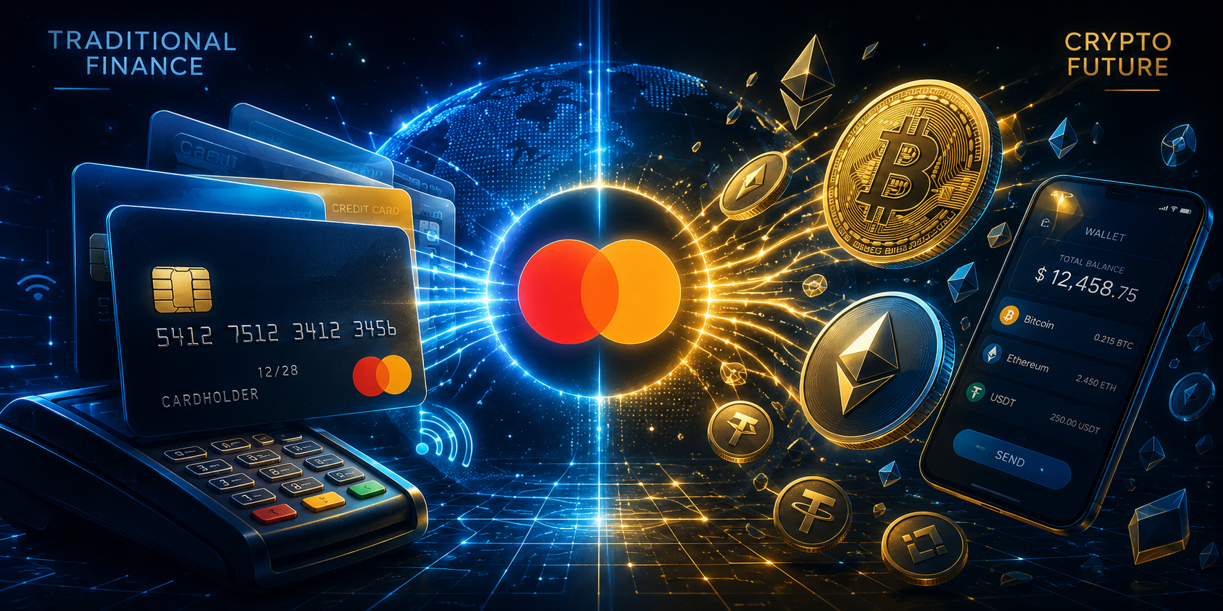 Carte de paiement connectée à un portefeuille crypto numérique avec des actifs blockchain utilisés pour des transactions courantes