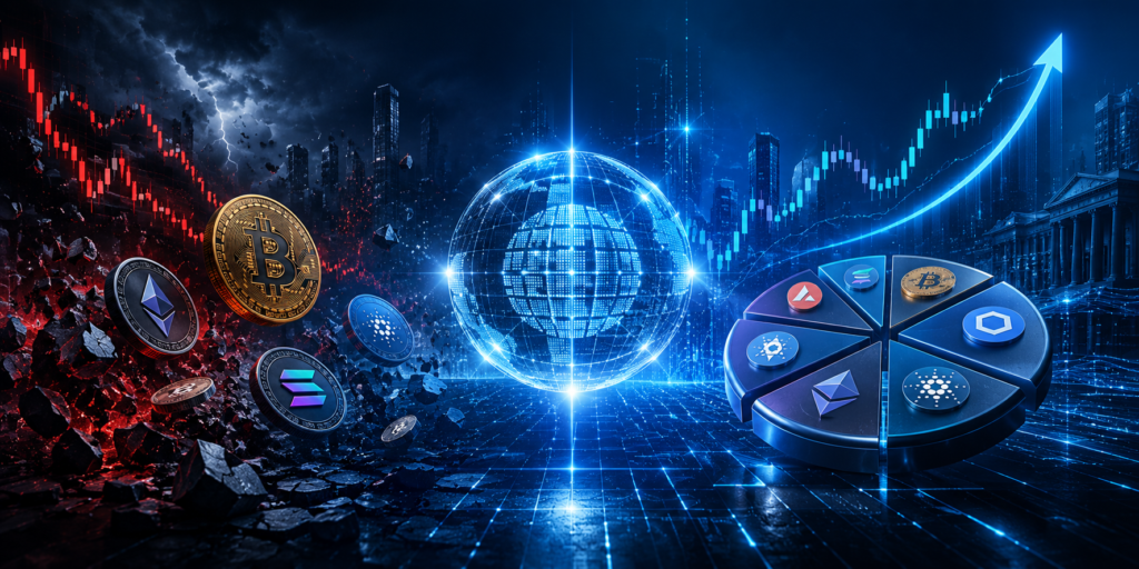 Marchés crypto : CME Group lance des contrats à terme sur indice diversifié, signe d’une financiarisation accélérée Représentation graphique de cryptomonnaies intégrées à un indice diversifié, avec des éléments visuels évoquant les marchés financiers et la gestion institutionnelle des actifs numériques.