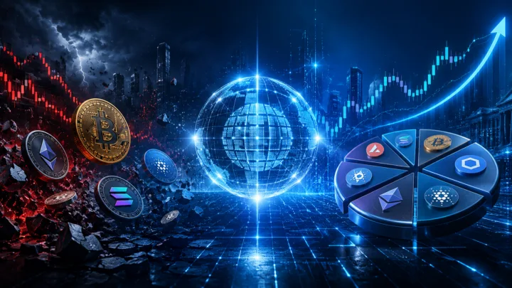 Représentation graphique de cryptomonnaies intégrées à un indice diversifié, avec des éléments visuels évoquant les marchés financiers et la gestion institutionnelle des actifs numériques.