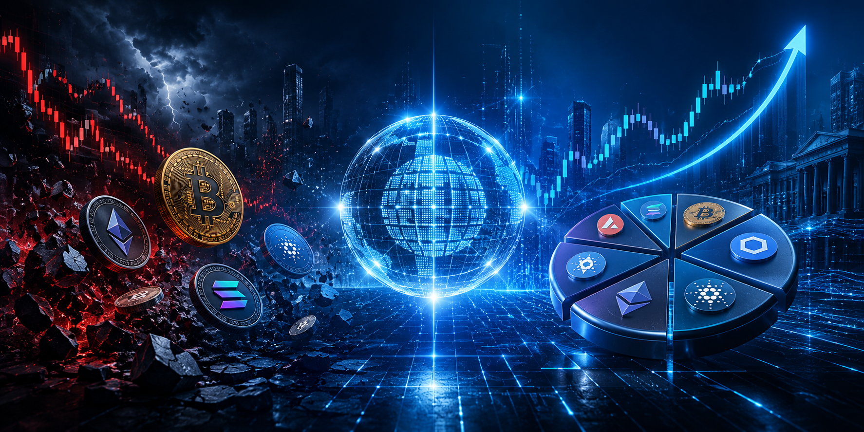 Représentation graphique de cryptomonnaies intégrées à un indice diversifié, avec des éléments visuels évoquant les marchés financiers et la gestion institutionnelle des actifs numériques.