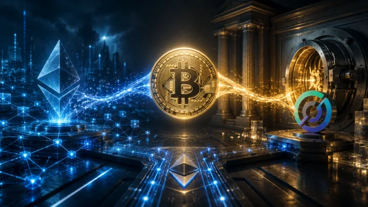 Bitcoin relié à Ethereum et à une infrastructure financière institutionnelle illustrant le lancement de cirBTC par Circle