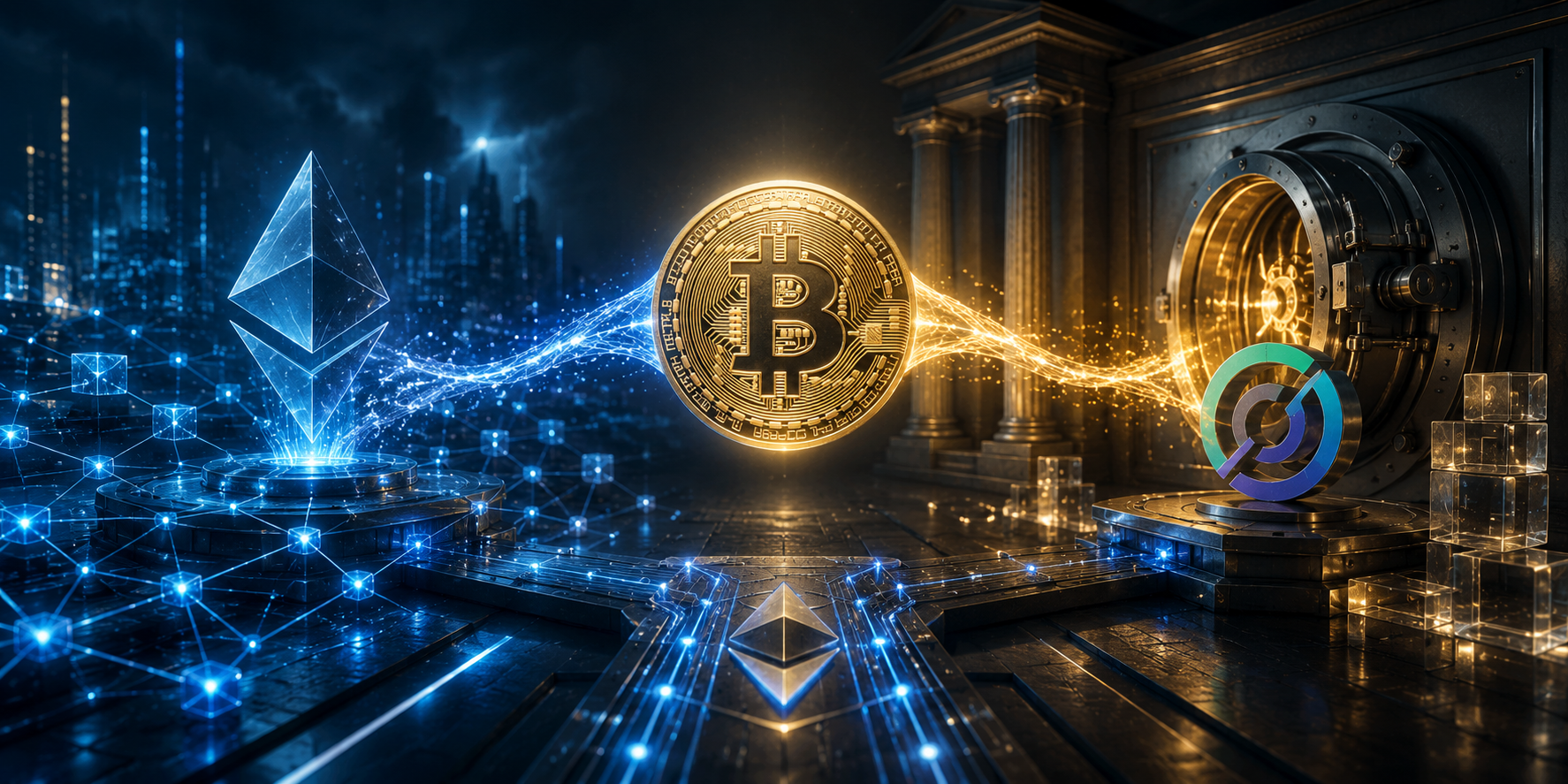 Bitcoin relié à Ethereum et à une infrastructure financière institutionnelle illustrant le lancement de cirBTC par Circle