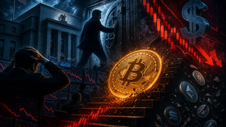 Illustration éditoriale d’un Bitcoin sous pression après une décision restrictive de la Réserve fédérale américaine.
