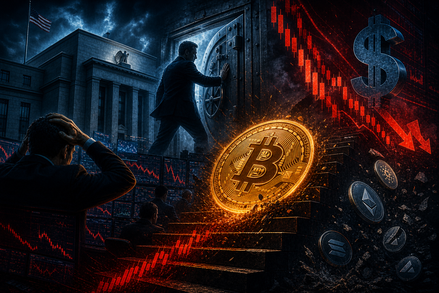 Illustration éditoriale d’un Bitcoin sous pression après une décision restrictive de la Réserve fédérale américaine.