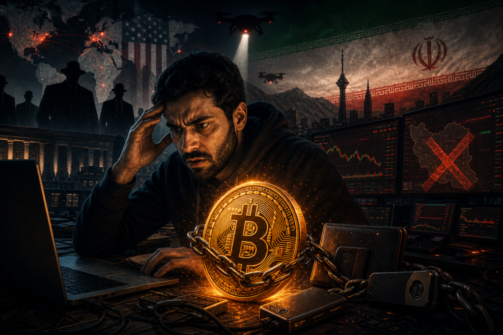 Illustration éditoriale représentant une plateforme crypto iranienne prise dans un dispositif de sanctions et de surveillance financière.