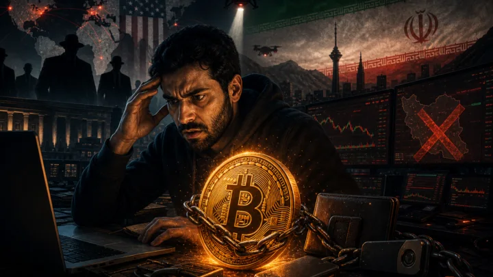 Illustration éditoriale représentant une plateforme crypto iranienne prise dans un dispositif de sanctions et de surveillance financière.