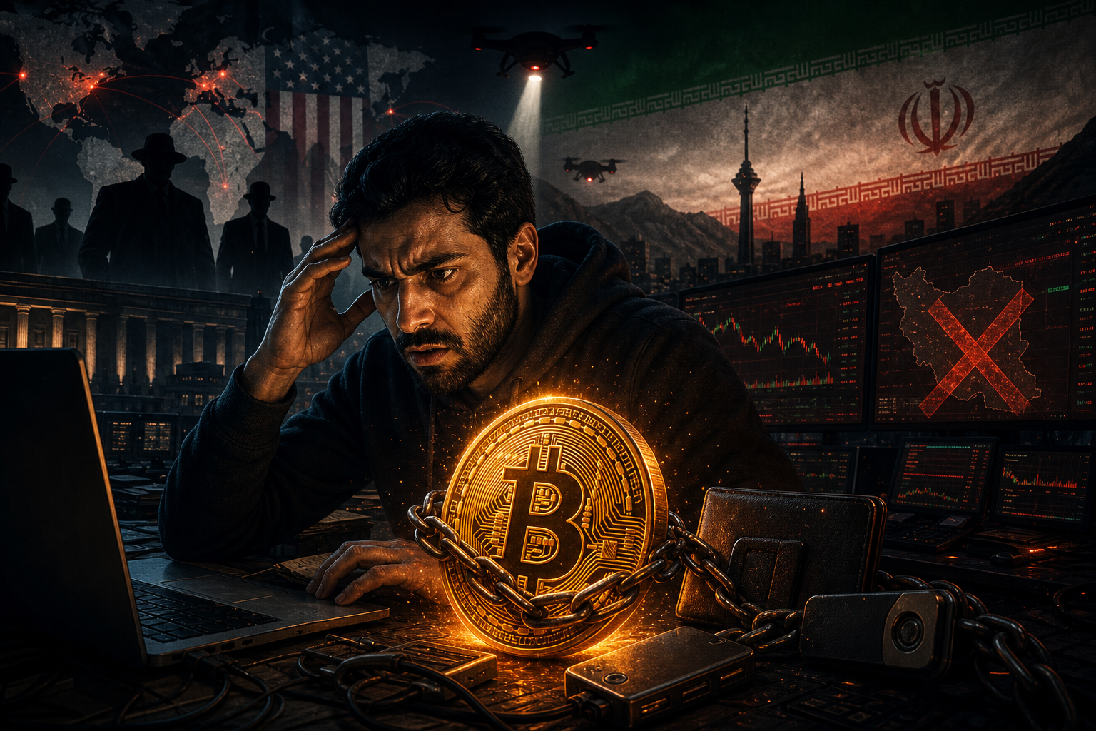 Illustration éditoriale représentant une plateforme crypto iranienne prise dans un dispositif de sanctions et de surveillance financière.