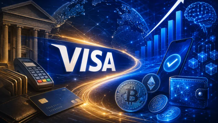 Illustration représentant l'écosystème des paiements numériques, avec Visa au centre, entouré d'éléments liés à la finance traditionnelle, aux cryptomonnaies et à l'intelligence artificielle