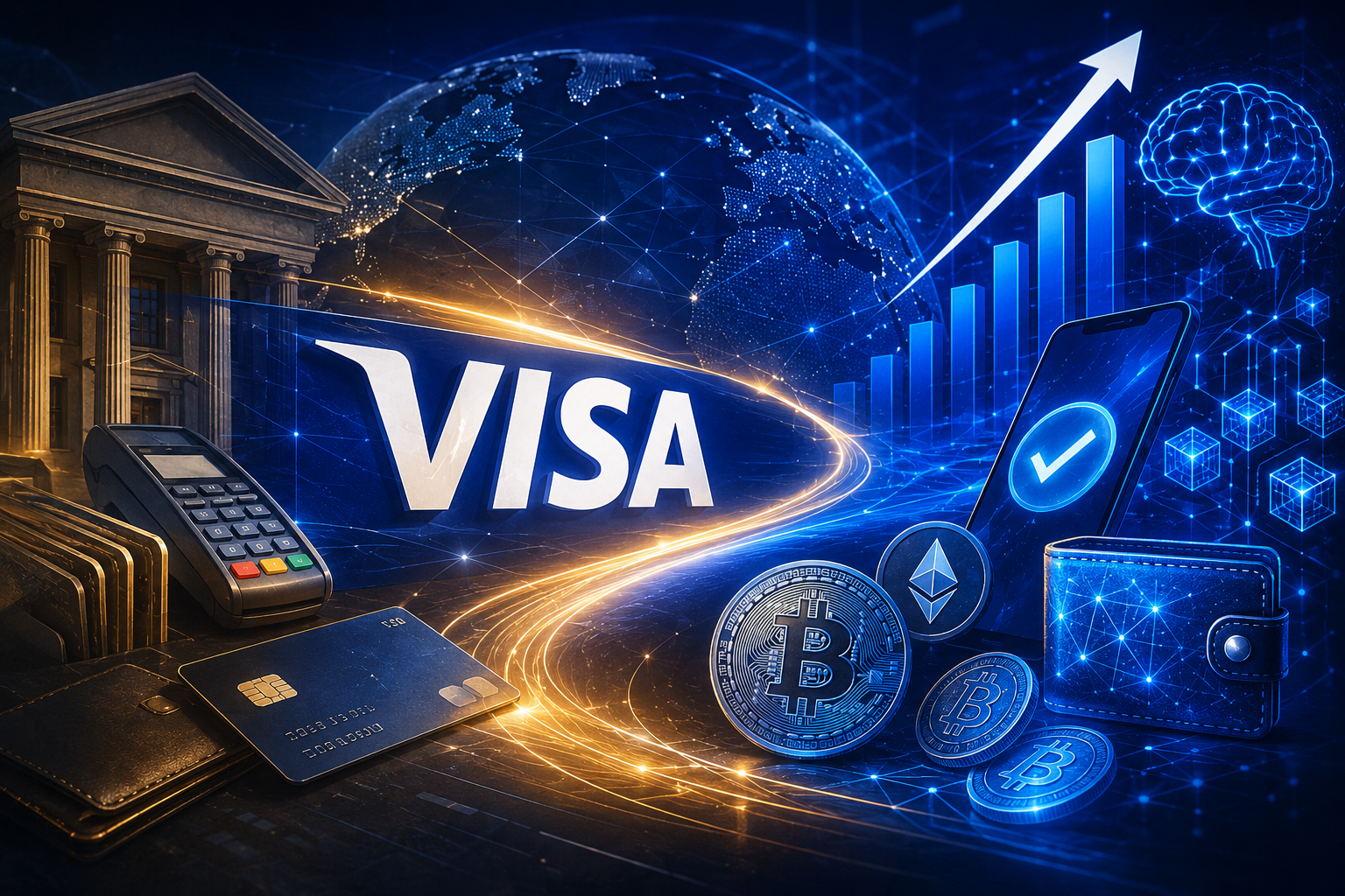 Illustration représentant l'écosystème des paiements numériques, avec Visa au centre, entouré d'éléments liés à la finance traditionnelle, aux cryptomonnaies et à l'intelligence artificielle