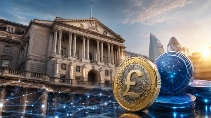 Vue symbolique de la Banque d'Angleterre entourée d'éléments numériques représentant les stablecoins et la livre sterling.