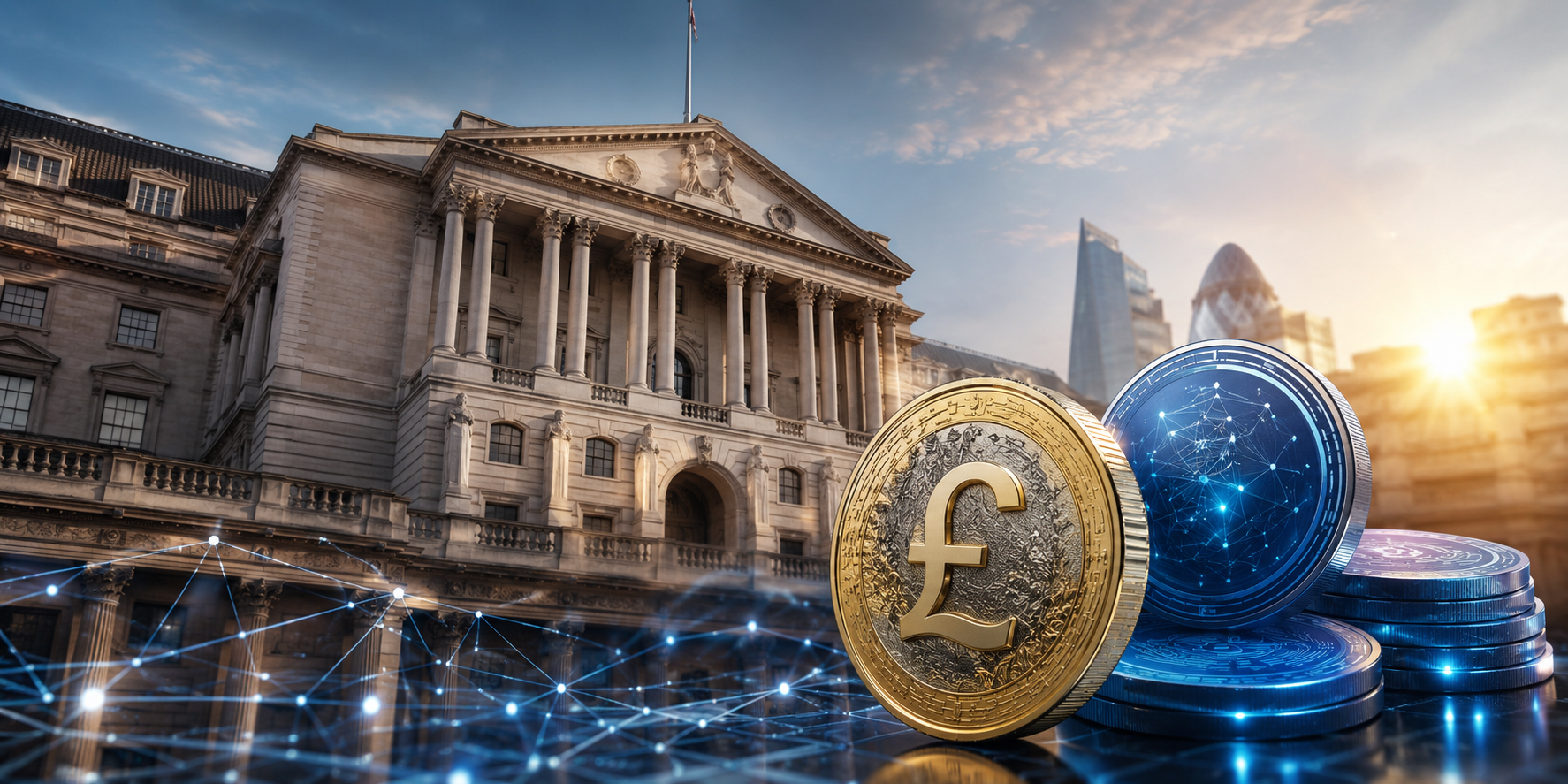 Vue symbolique de la Banque d'Angleterre entourée d'éléments numériques représentant les stablecoins et la livre sterling.