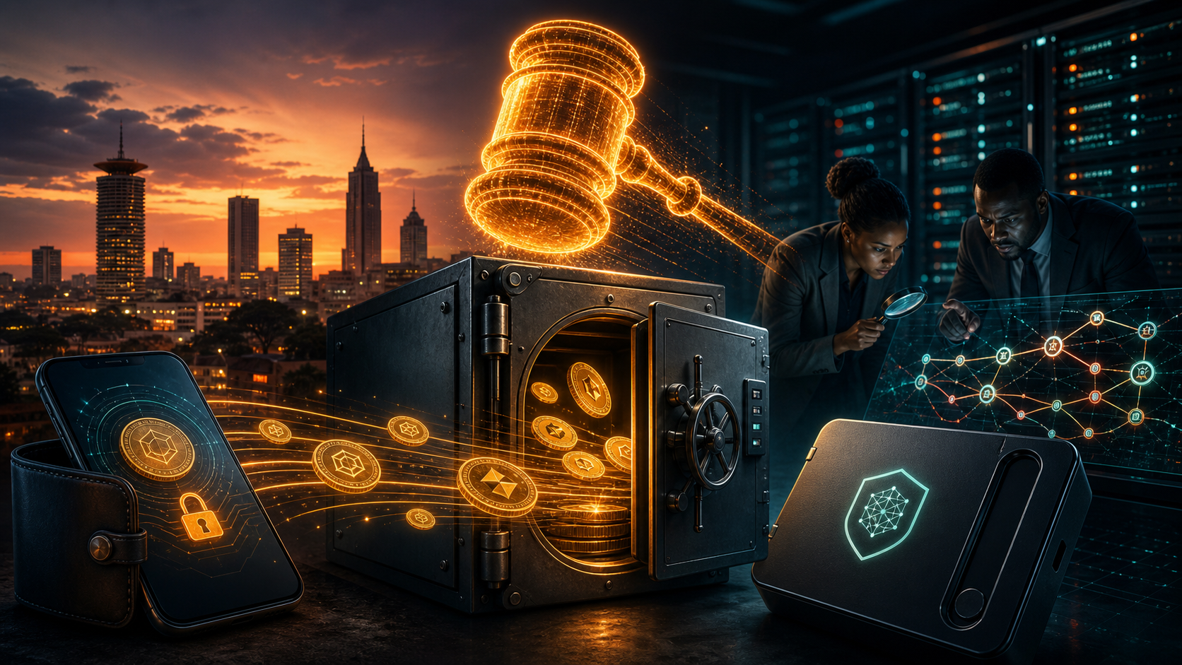 Enqueteurs au Kenya verrouillant un portefeuille crypto dans un coffre numerique