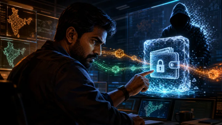 Enquêteur indien suivant des flux blockchain vers un portefeuille crypto gelé