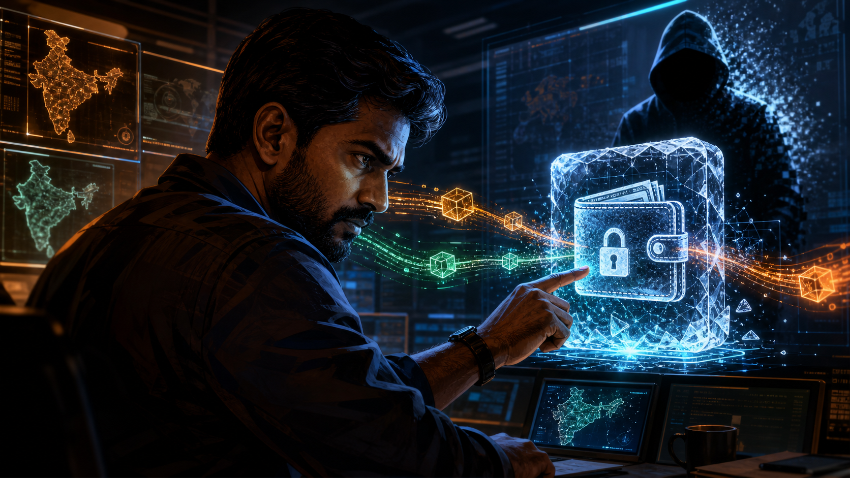 Enquêteur indien suivant des flux blockchain vers un portefeuille crypto gelé