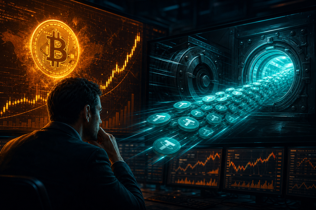 Bitcoin remonte vers 65 000 dollars pendant que 500 millions d’USDT quittent Binance Un trader observe Bitcoin monter pendant un transfert massif d'USDT entre deux coffres numeriques