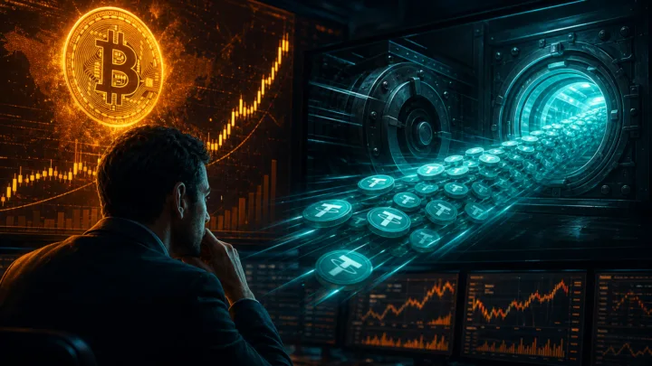 Un trader observe Bitcoin monter pendant un transfert massif d'USDT entre deux coffres numeriques