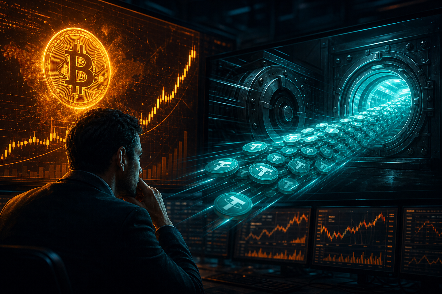 Un trader observe Bitcoin monter pendant un transfert massif d'USDT entre deux coffres numeriques