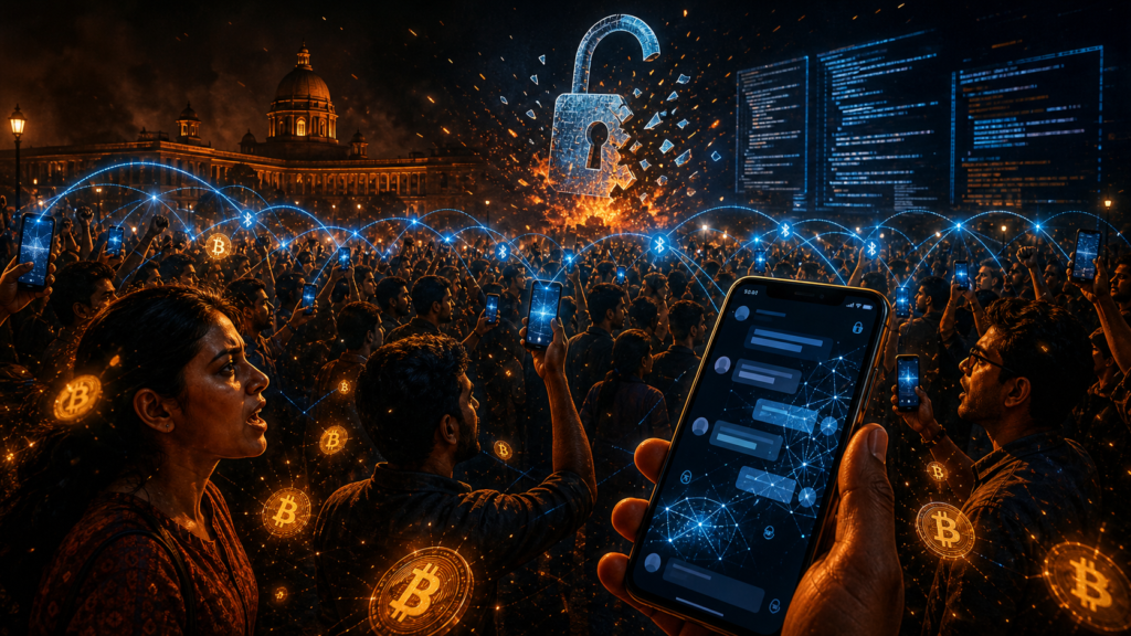 Manifestants utilisant Bitchat et Bitcoin face au blocage en Inde