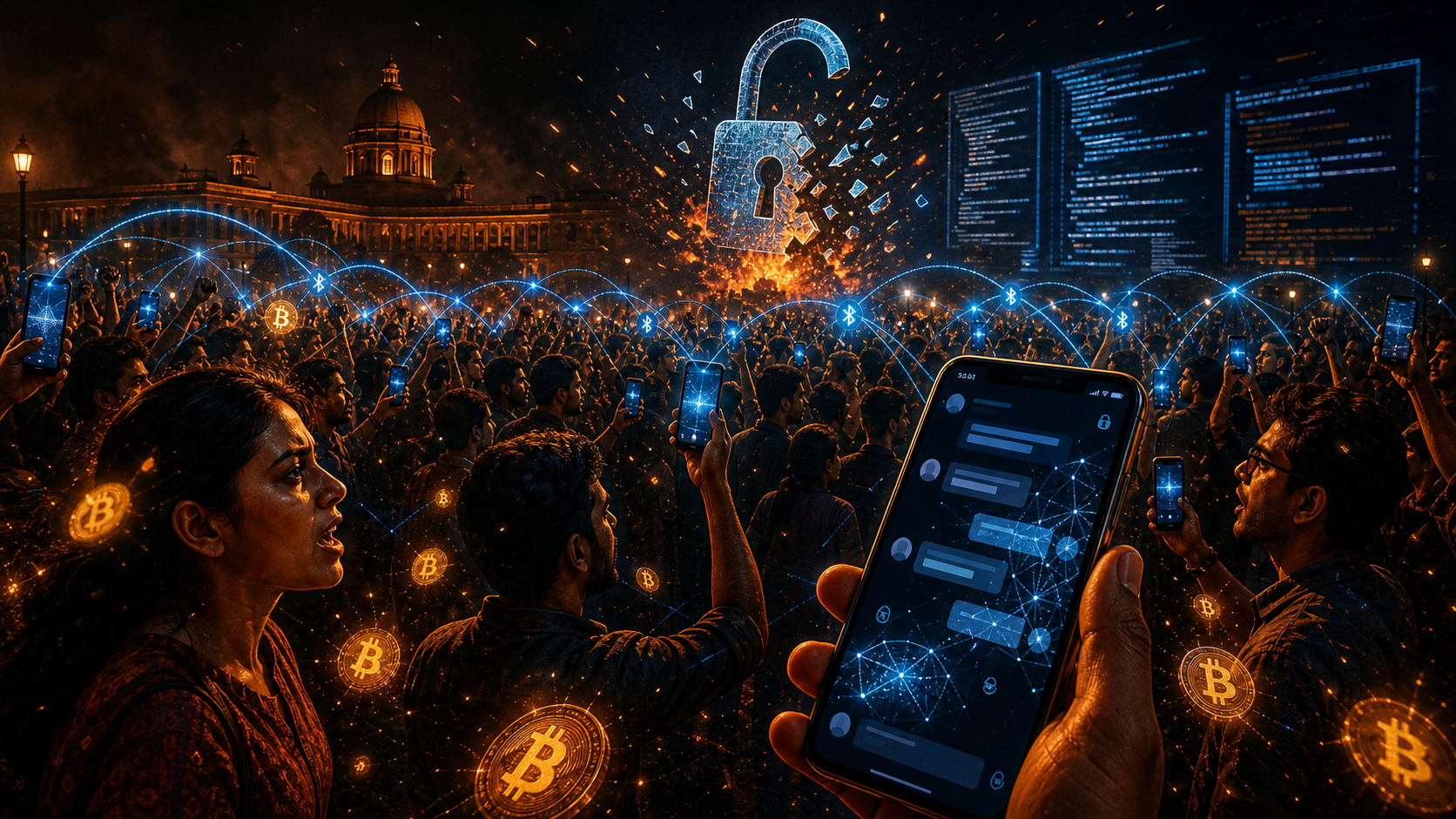 Manifestants utilisant Bitchat et Bitcoin face au blocage en Inde