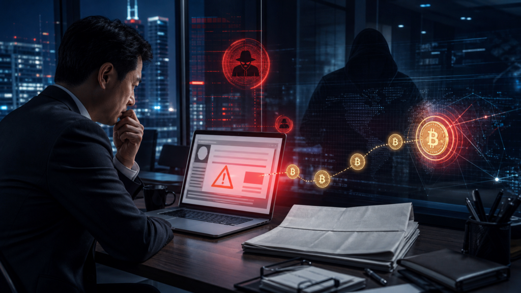 Dirigeant d'entreprise chinois recevant une fausse menace d'enquete avec une demande en Bitcoin