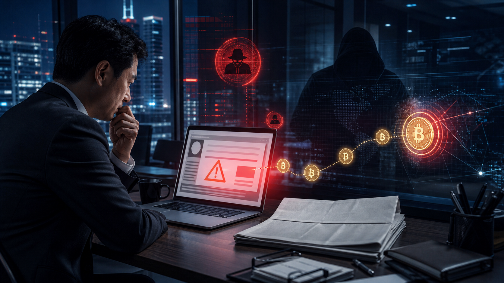 Dirigeant d'entreprise chinois recevant une fausse menace d'enquete avec une demande en Bitcoin