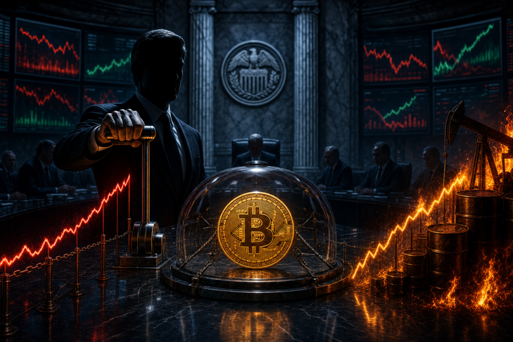 Un bitcoin enferme sous une cloche face a la Fed, aux rendements et au petrole