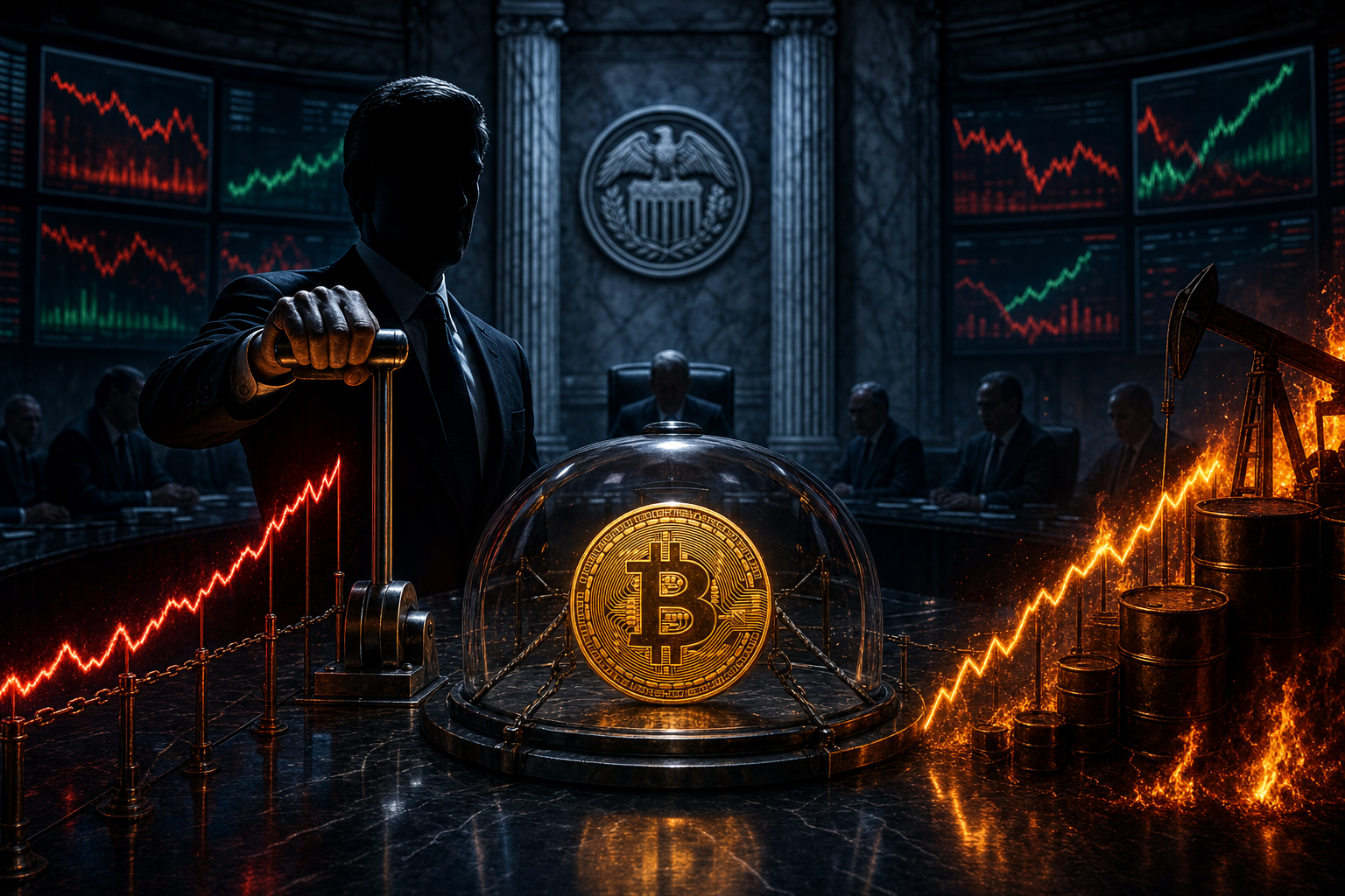 Un bitcoin enferme sous une cloche face a la Fed, aux rendements et au petrole