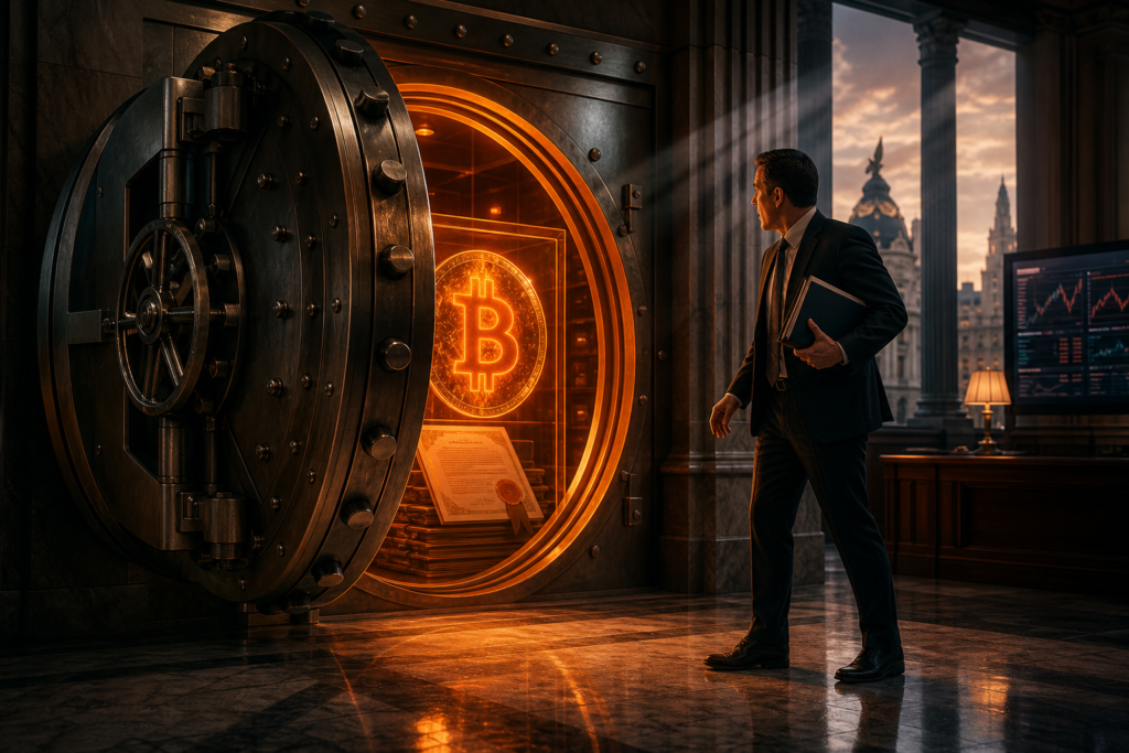 Un coffre bancaire europeen ouvert sur un symbole Bitcoin