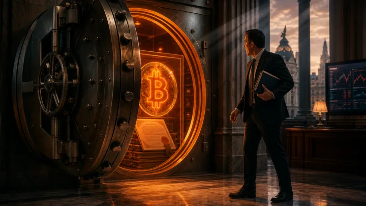 Un coffre bancaire europeen ouvert sur un symbole Bitcoin