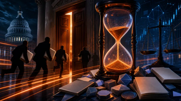 Sablier devant une porte du Sénat américain symbolisant le calendrier serré du CLARITY Act