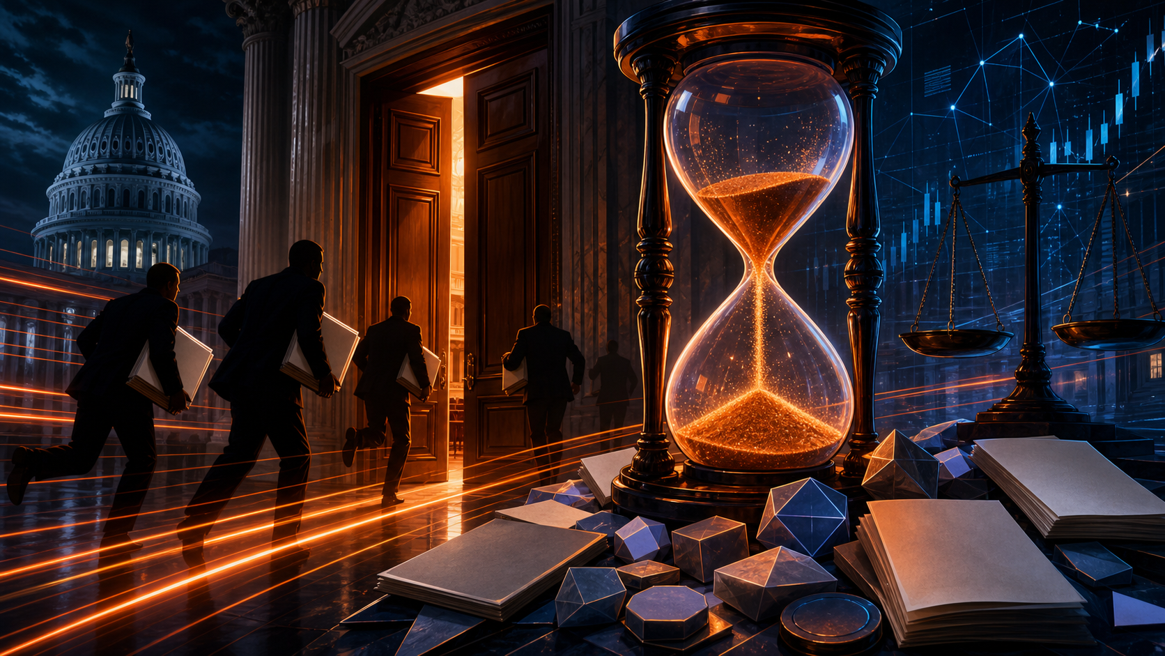 Sablier devant une porte du Sénat américain symbolisant le calendrier serré du CLARITY Act