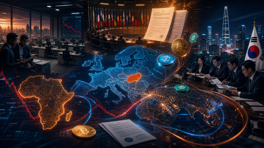 Crypto aujourd’hui : Luno licencie, la Hongrie recule et Séoul prépare sa grande loi Carte crypto mondiale reliant Luno la Hongrie et Seoul autour de nouvelles regles
