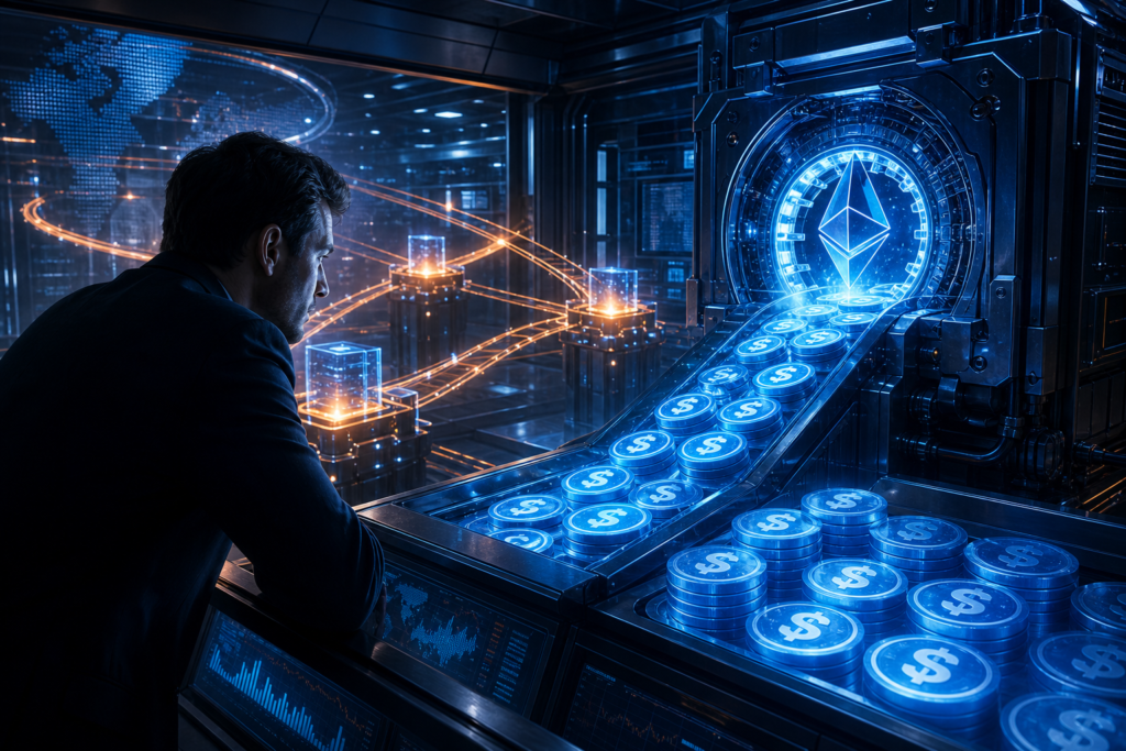 Un operateur financier observe la creation de stablecoins RLUSD sur Ethereum
